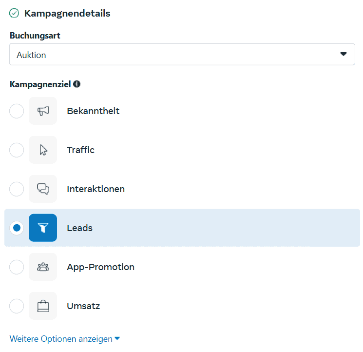 Auswahlmenü für Kampagnenziel mit gesetztem Fokus auf Leads.