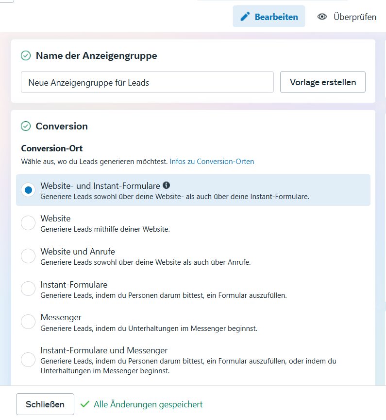 Auswahl des Conversion-Orts mit aktivierter Option für Website- und Instant-Formulare.