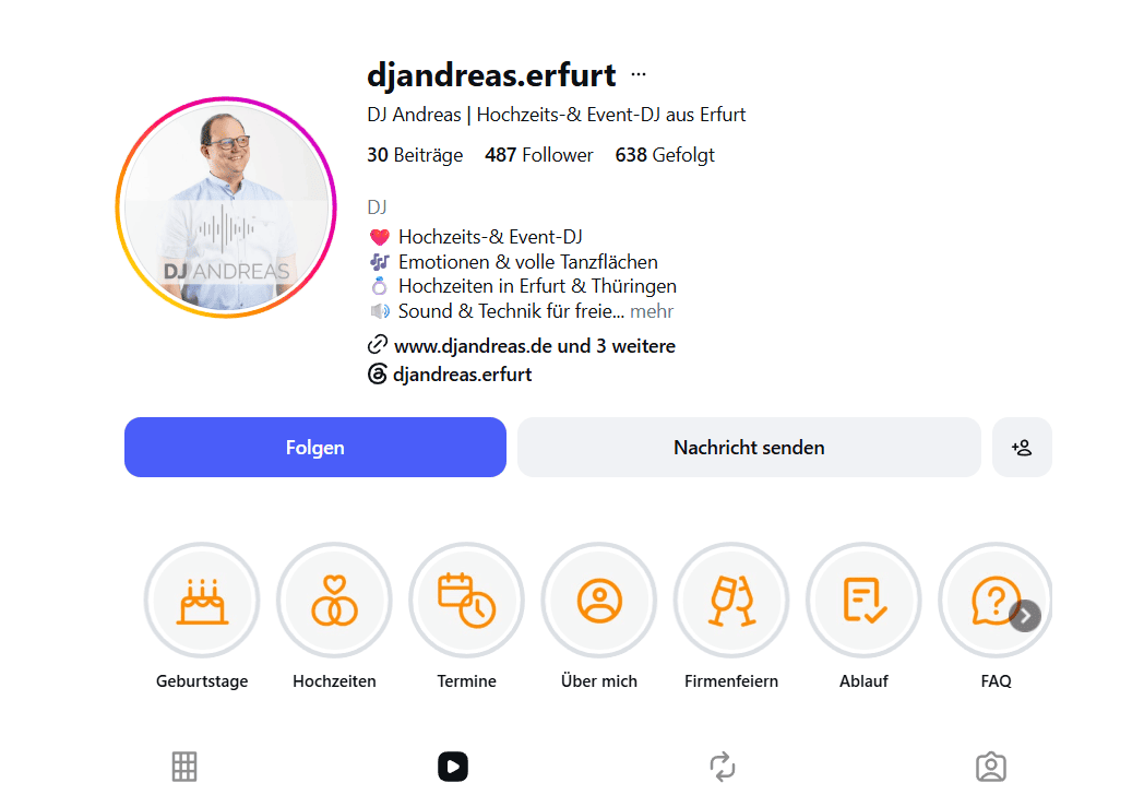 Instagram-Profil von DJ Andreas mit Bio als Hochzeits- und Event-DJ und Story-Highlights zu Hochzeiten, Ablauf und FAQ.