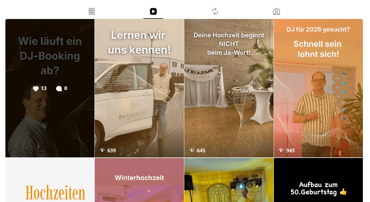 Reels-Übersicht von DJ Andreas auf Instagram mit den Formaten „Lernen wir uns kennen" und „Wie läuft ein DJ-Booking ab?".