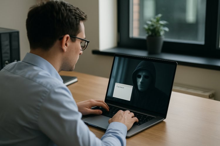 Mann arbeitet an einem Laptop in einem Büro; auf dem Bildschirm spiegelt sich eine maskierte Gestalt mit Kapuze – visuelle Darstellung eines versteckten Keyloggers.