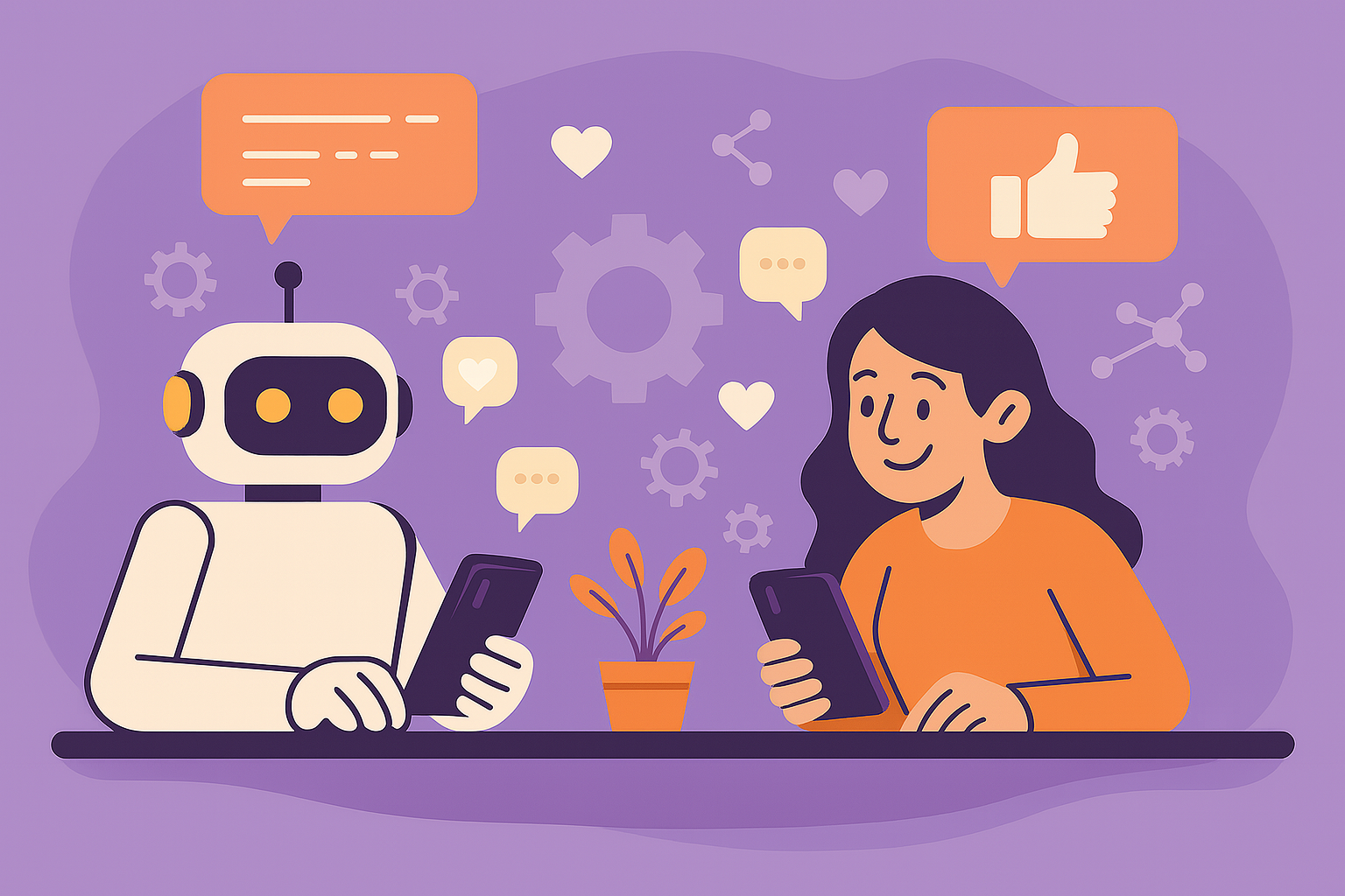 Ein Roboter und eine Frau sitzen am Tisch und nutzen ihre Smartphones. Um sie schweben Icons für Likes, Chats und Zahnräder.