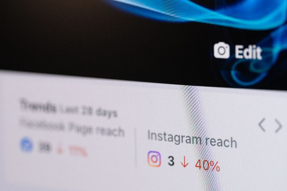 Nahaufnahme von Social-Media-Statistiken mit dem Hinweis „Instagram Reach“ und einem Rückgang der Reichweite um 40 %.