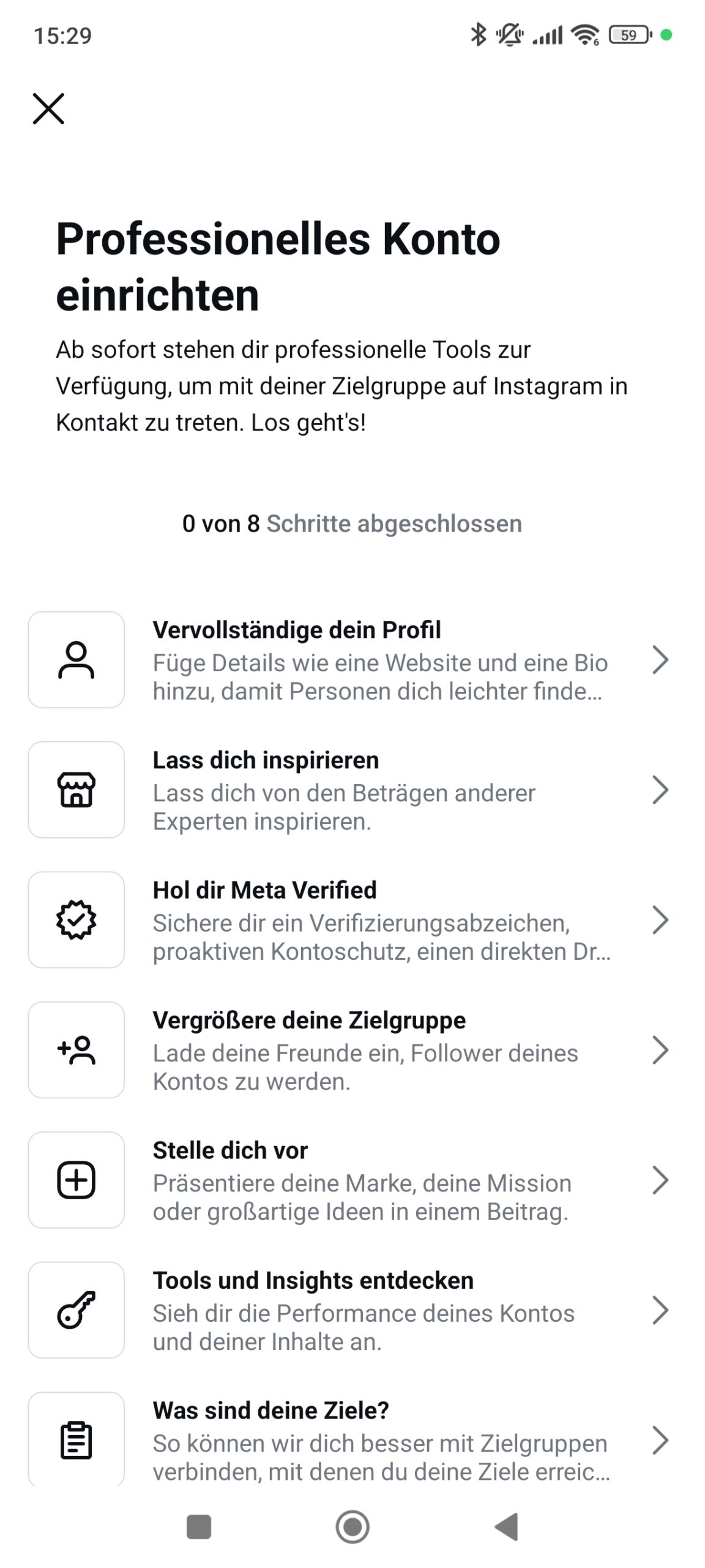 Screenshot der Business Konto Einrichtung in der Instagram App