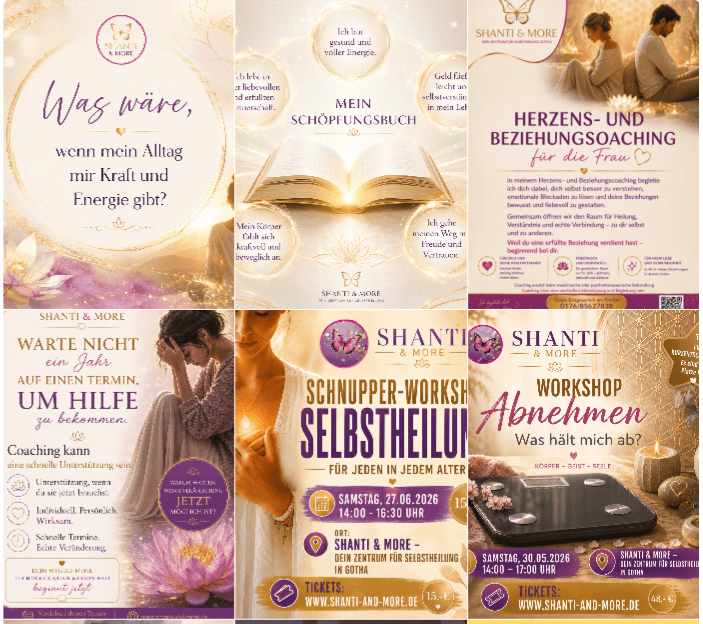 Instagram-Feed von Shanti & More nach dem Workshop mit einheitlicher Farbwelt in Lila und Gold, wiederkehrendem Logo, ruhiger Typografie und klaren Botschaften pro Beitrag.