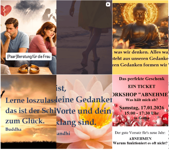 Instagram-Feed von Shanti & More vor dem Workshop mit gemischten Bildstilen, wechselnden Farben und generischen Zitatbildern ohne einheitliche Bildsprache.