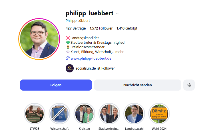 Instagram-Profil von Philipp Lübbert mit 427 Beiträgen, rund 1.600 Followern, Bio und Story-Highlights