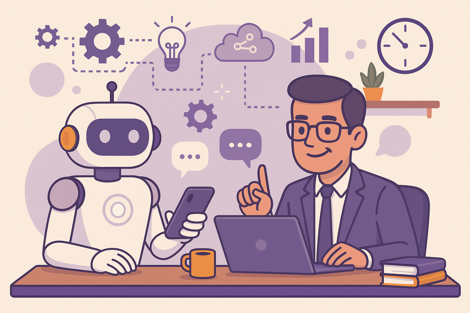 Ein Mann und ein Roboter arbeiten gemeinsam an Laptop und Smartphone. Über ihnen sind Icons zu Technik und KI zu sehen.