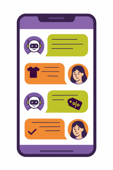 Chatverlauf auf einem Smartphone zwischen Chatbot und Nutzerin im Social Commerce, mit Produkt- und Bestellinformationen