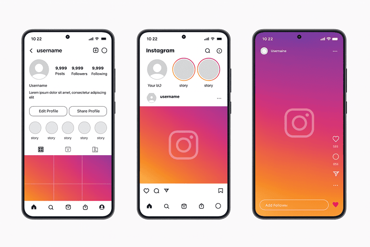 Drei Smartphones mit aktuellem Instagram-Design: Profil-, Feed- und Reel-Ansicht auf pink-orange-violettem Verlaufshintergrund.