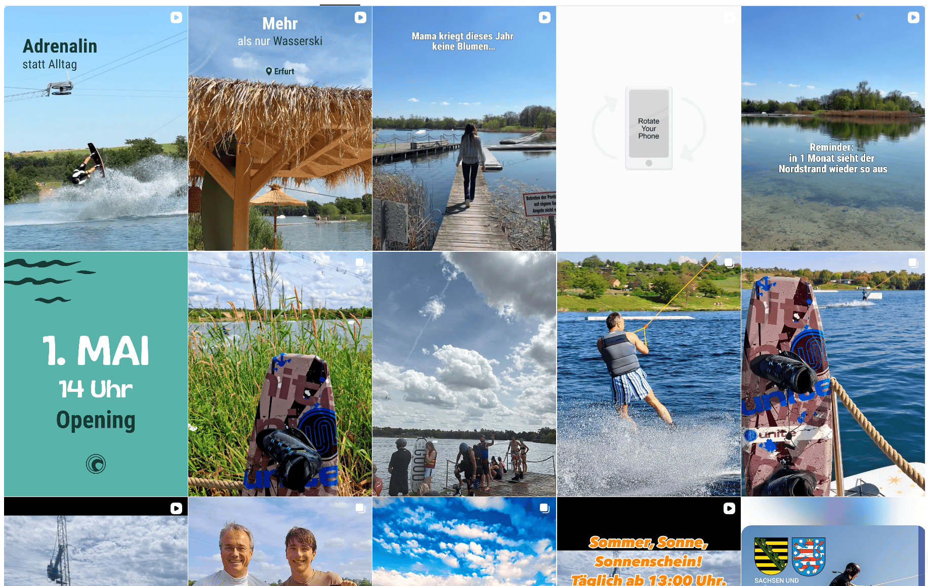 Ausschnitt des Instagram-Profils von Wasserski Erfurt mit Reels und Beiträgen zu Opening, Anlage und Beachbereich.