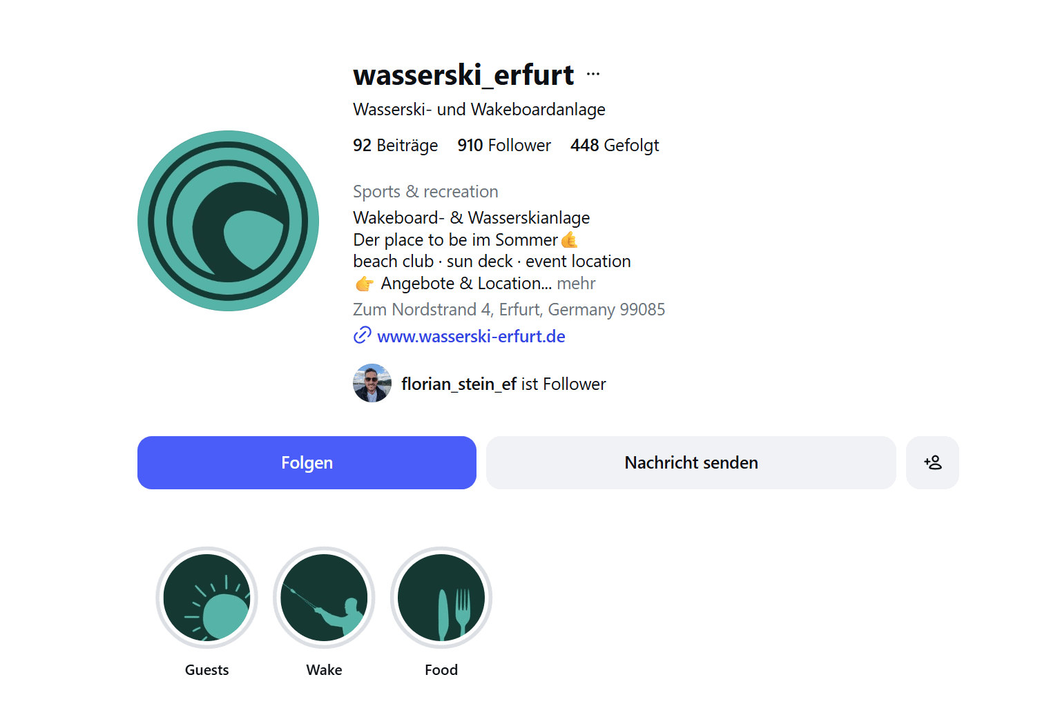 Instagram-Profilübersicht von Wasserski Erfurt mit Bio, Standortangabe und den Story-Highlights Guests, Wake und Food.