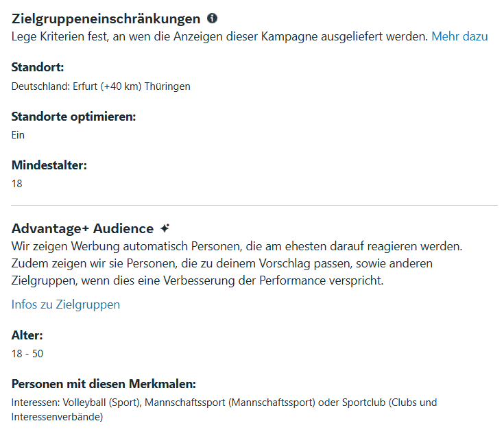 Anzeigeeinstellungen mit Standort Erfurt, Altersgrenze 18–50 und Interessen wie Volleyball oder Mannschaftssport.