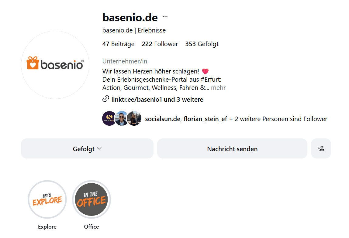 Instagram-Profil von basenio® mit Bio, Story-Highlights und 47 veröffentlichten Beiträgen.