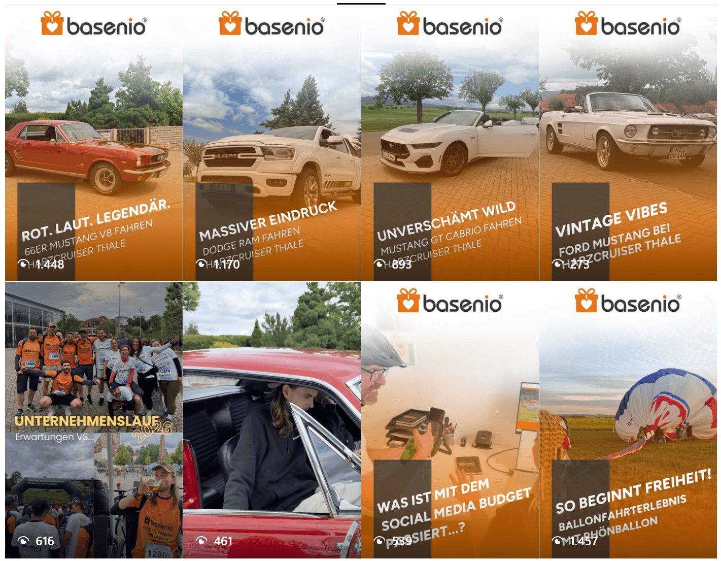 Reels-Übersicht des basenio®-Instagram-Kanals mit Aufrufzahlen zwischen 273 und 1.457 pro Video.