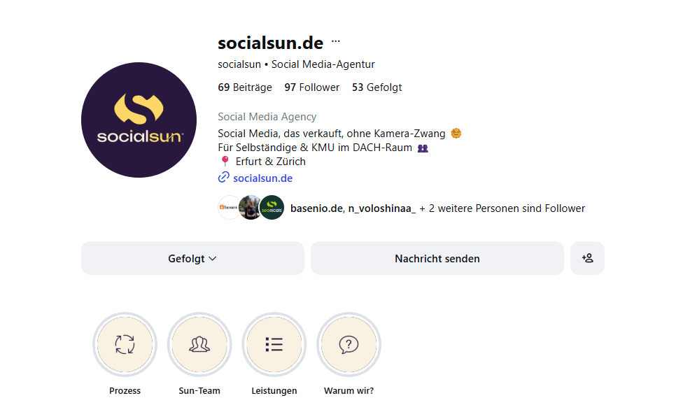 Instagram-Profilübersicht von socialsun mit Bio, Logo und Story-Highlights zu Prozess, Team, Leistungen und Positionierung.