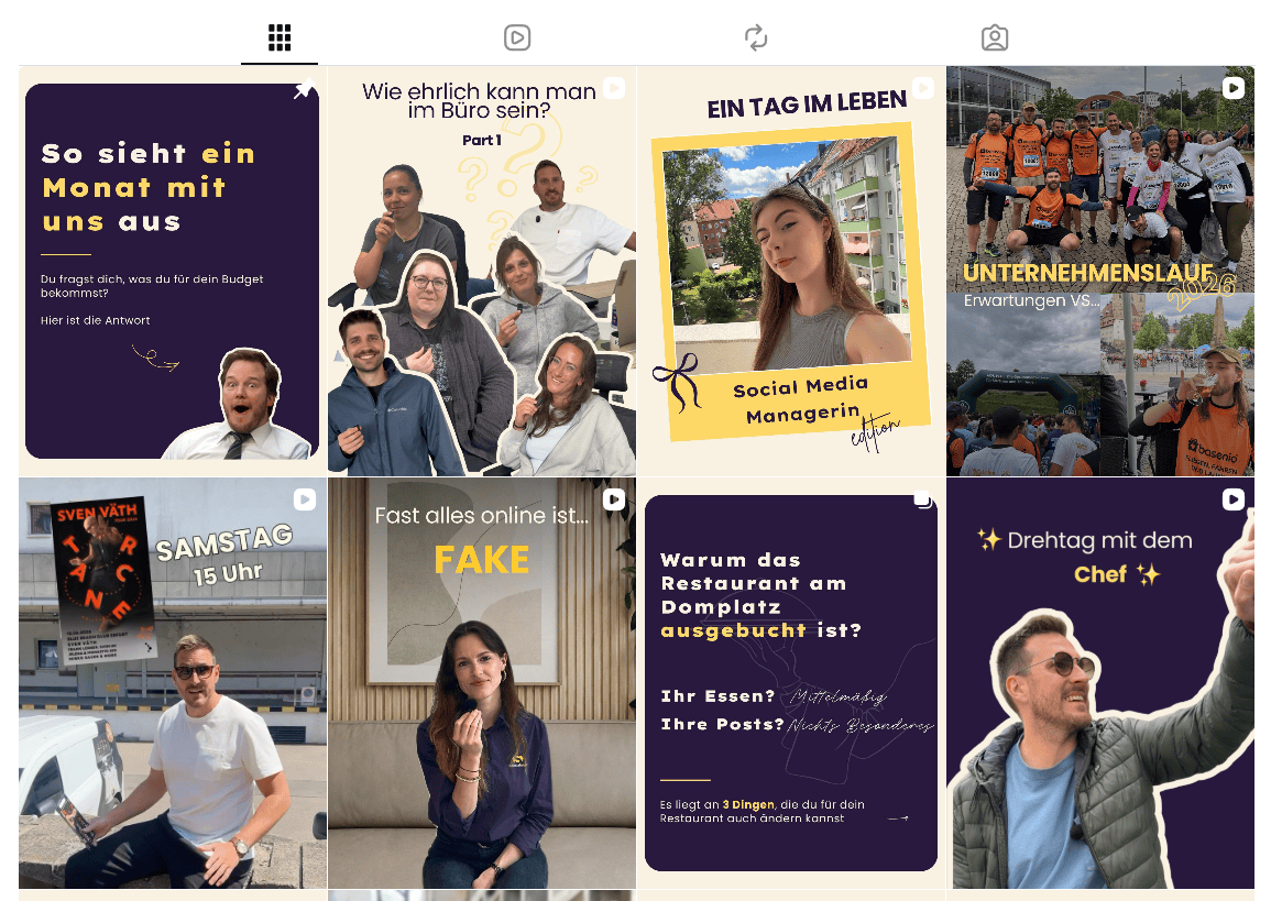 Auszug aus dem Instagram-Grid von socialsun mit einer Auswahl an Beiträgen: POV-Formate aus dem Homeoffice, Team-Situationen, Marketing-Mythen, Kunden-Cases und ein Drehtag-Ausschnitt.
