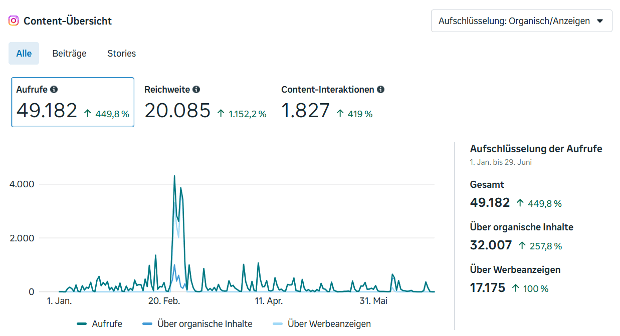 Content-Übersicht socialsun auf Instagram mit 49.182 Aufrufen im Aufbauzeitraum Januar bis Juni 2026.